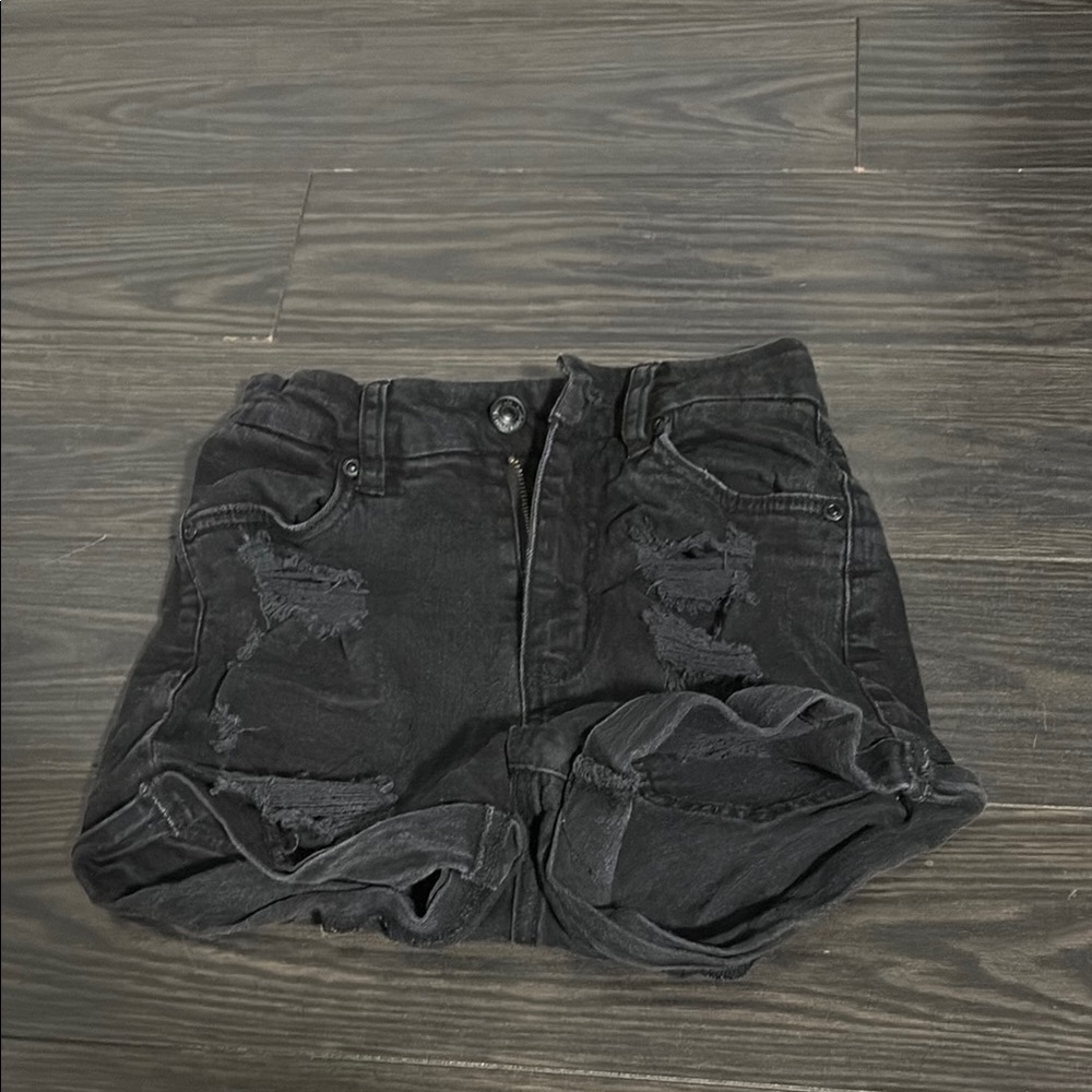 Distressed Black Denim Shorts